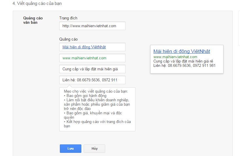 Những thông tin cần điền trong phần tạo nội dung một chiến dịch Google Ads